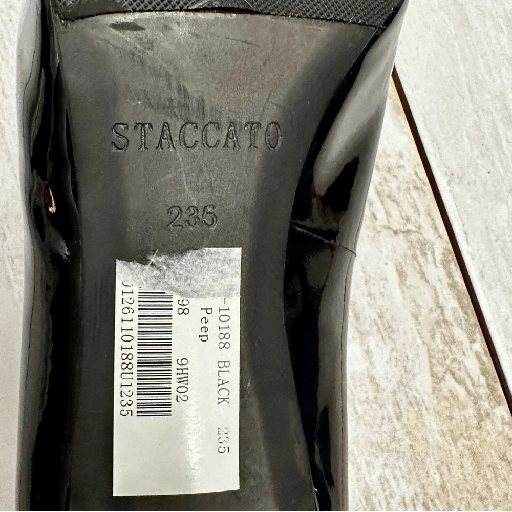 Staccato Patent Leather Glossy Black Peep Toe Heel Shoes Sexy Office Siren Chic